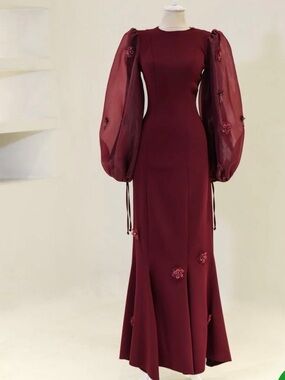 Women's Burgundy Long Sleeve Floral-Appliqué Evening Gown